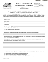 Document preview: DEP Form 62-701.900(9) Application for Preliminary Examination, Final Examination and Certification of Resource Recovery Equipment - Florida