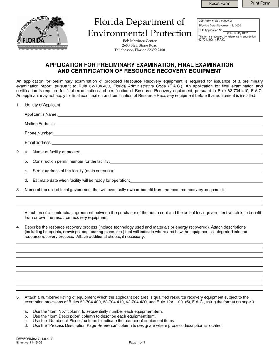 DEP Form 62-701.900(9) Application for Preliminary Examination, Final Examination and Certification of Resource Recovery Equipment - Florida, Page 1