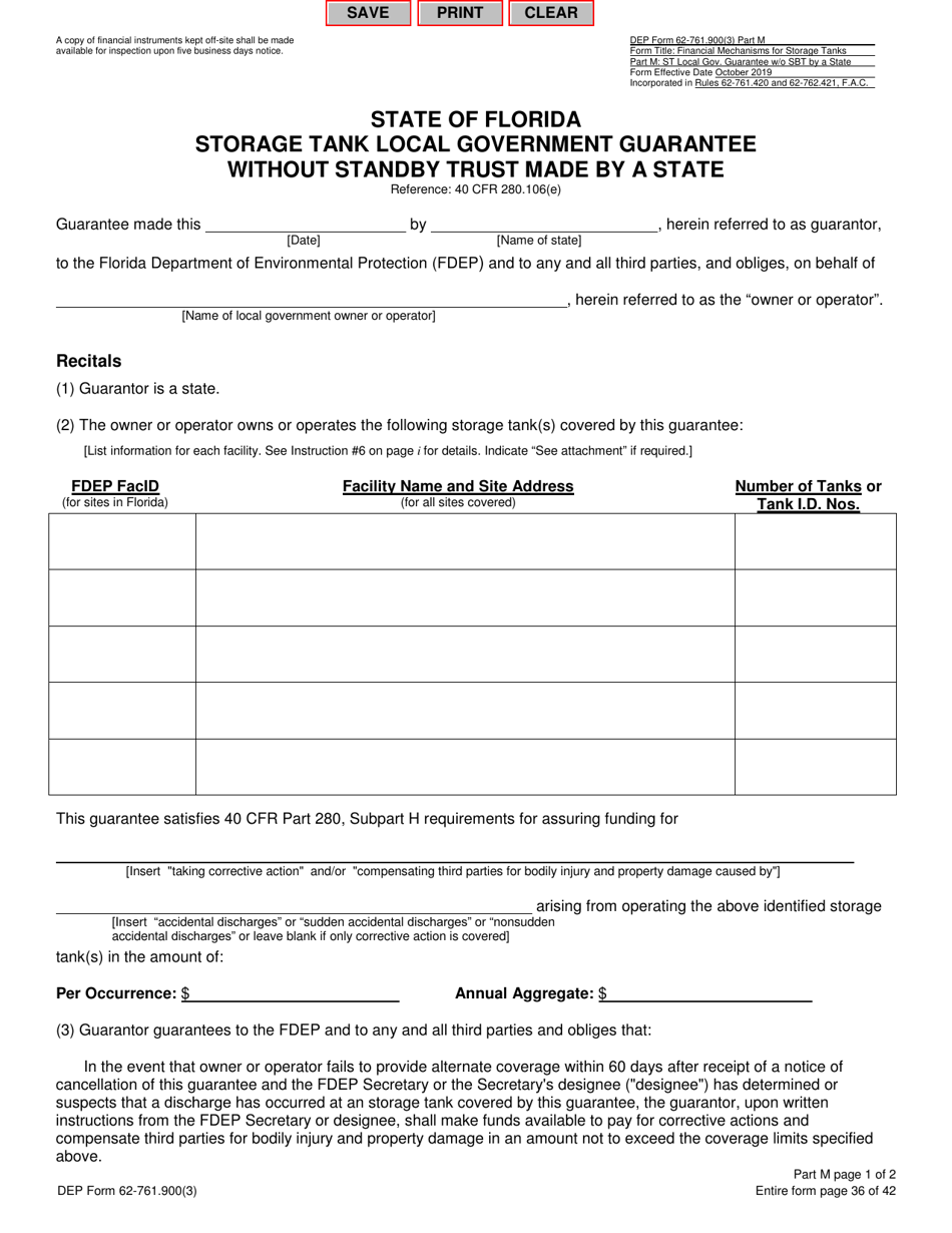 DEP Form 62-761.900(3) Part M Storage Tank Local Government Guarantee Without Standby Trust Made by a State - Florida, Page 1