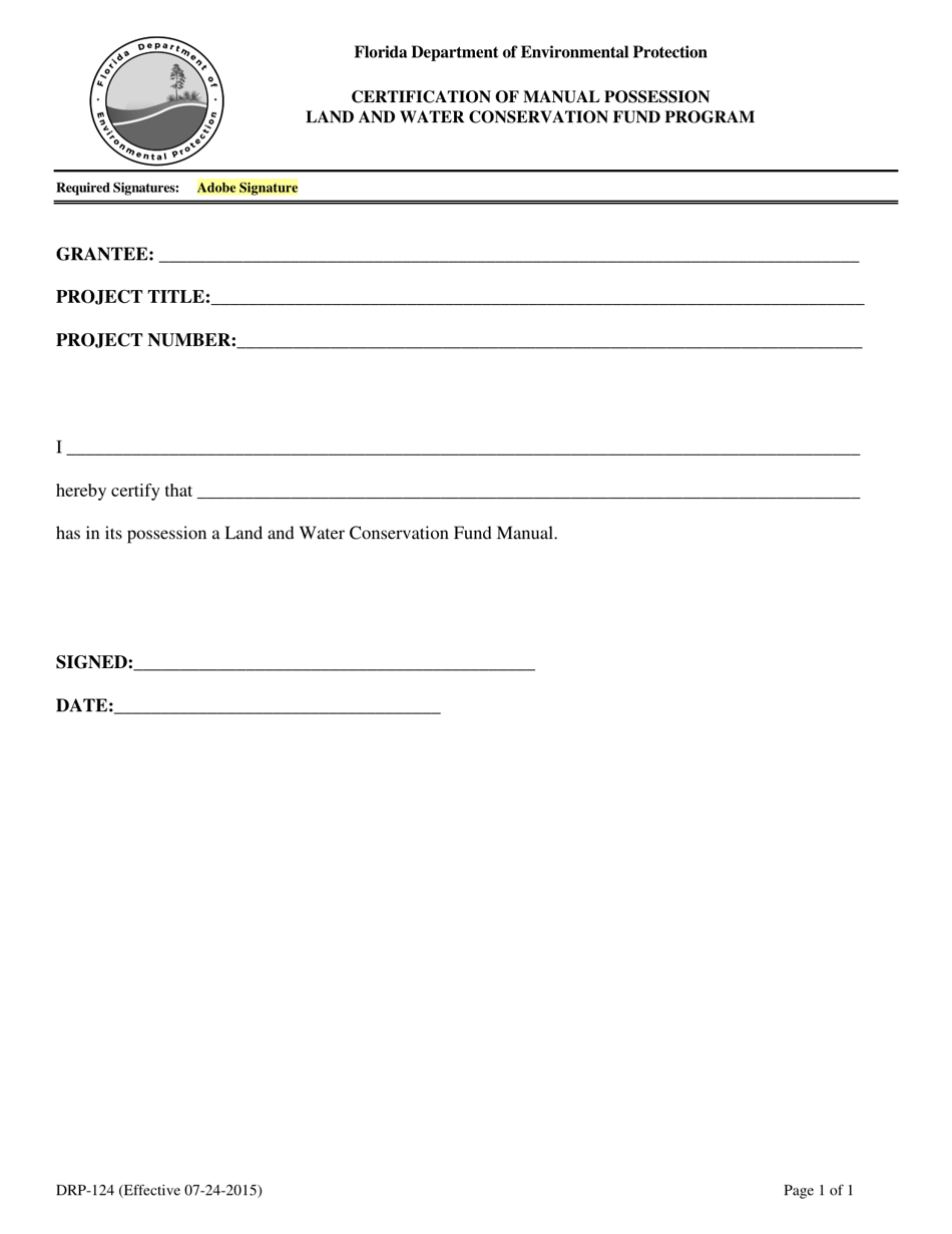 Form DRP-124 Certification of Manual Possession - Land and Water Conservation Fund Program - Florida, Page 1