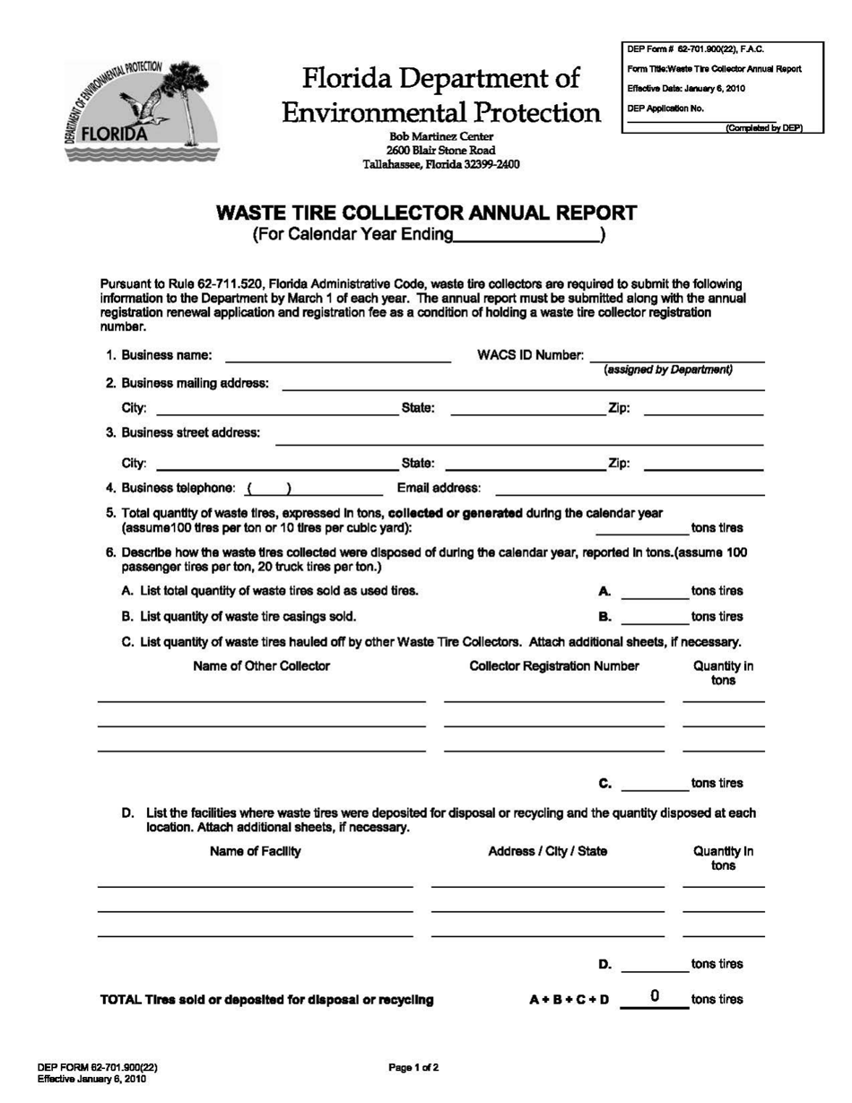 DEP Form 62-701.900(22) Waste Tire Collector Annual Report - Florida, Page 1