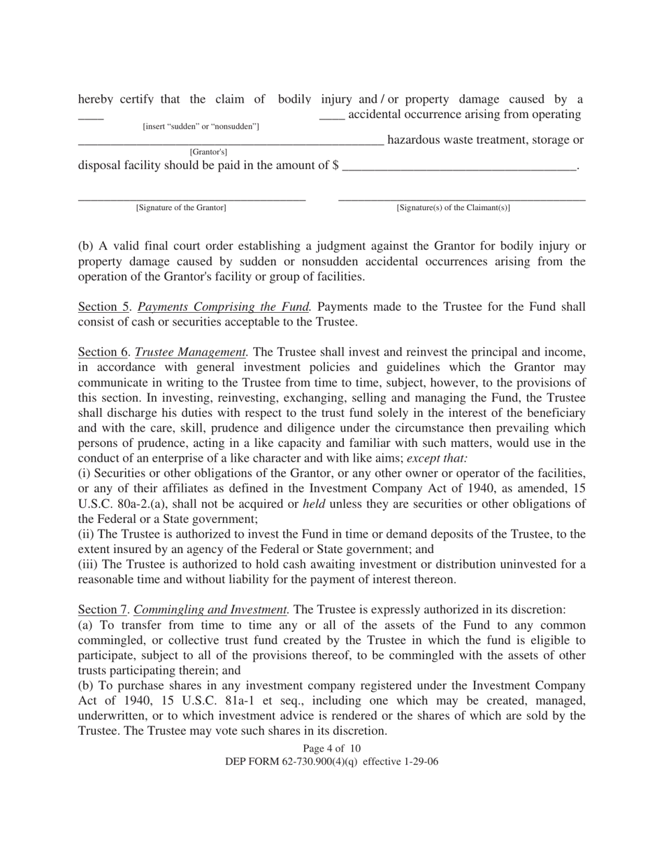 DEP Form 62-730.900(4)(Q) Hazardous Waste Facility Trust Fund to Demonstrate Liability Coverage - Florida, Page 4