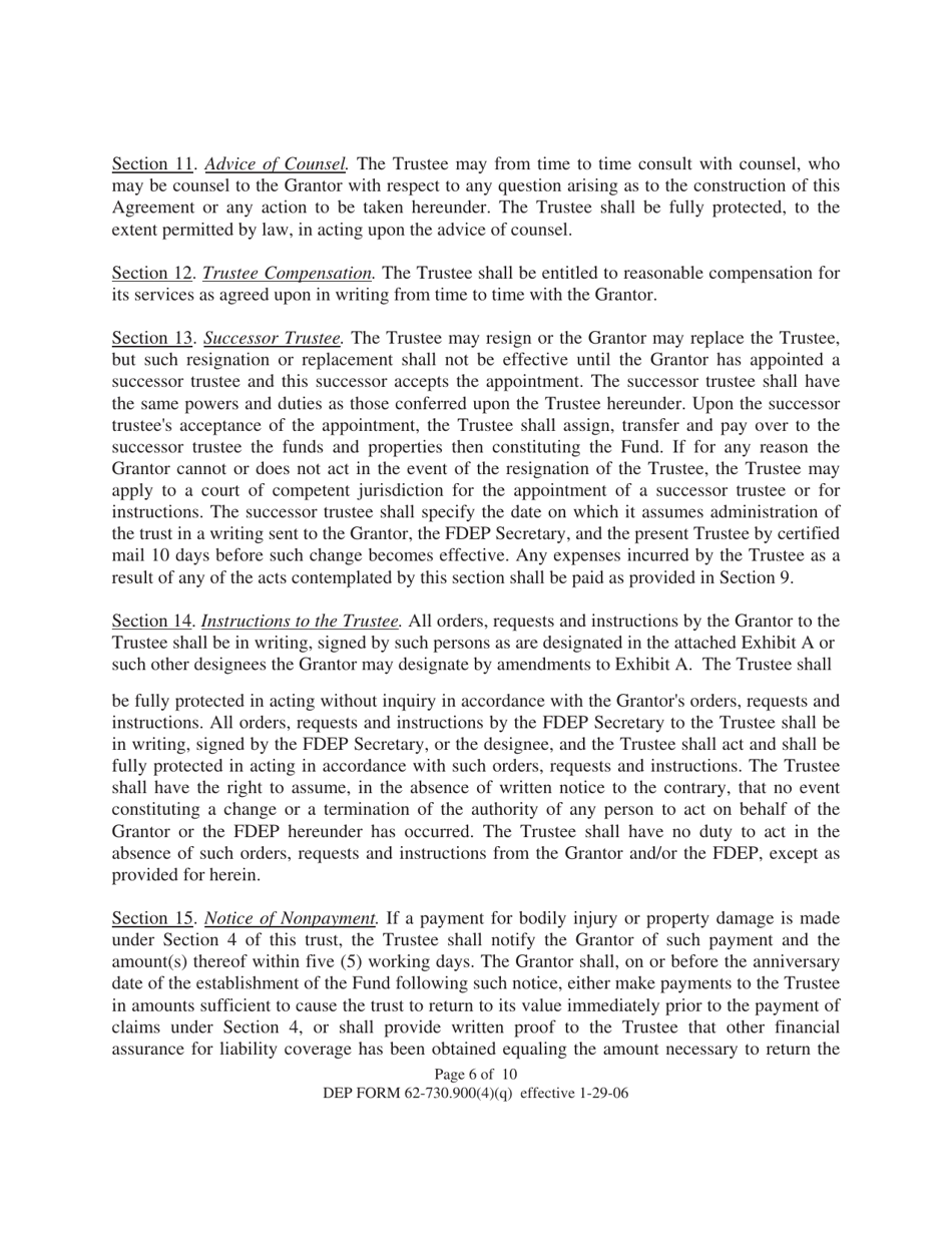 DEP Form 62-730.900(4)(Q) Hazardous Waste Facility Trust Fund to Demonstrate Liability Coverage - Florida, Page 6
