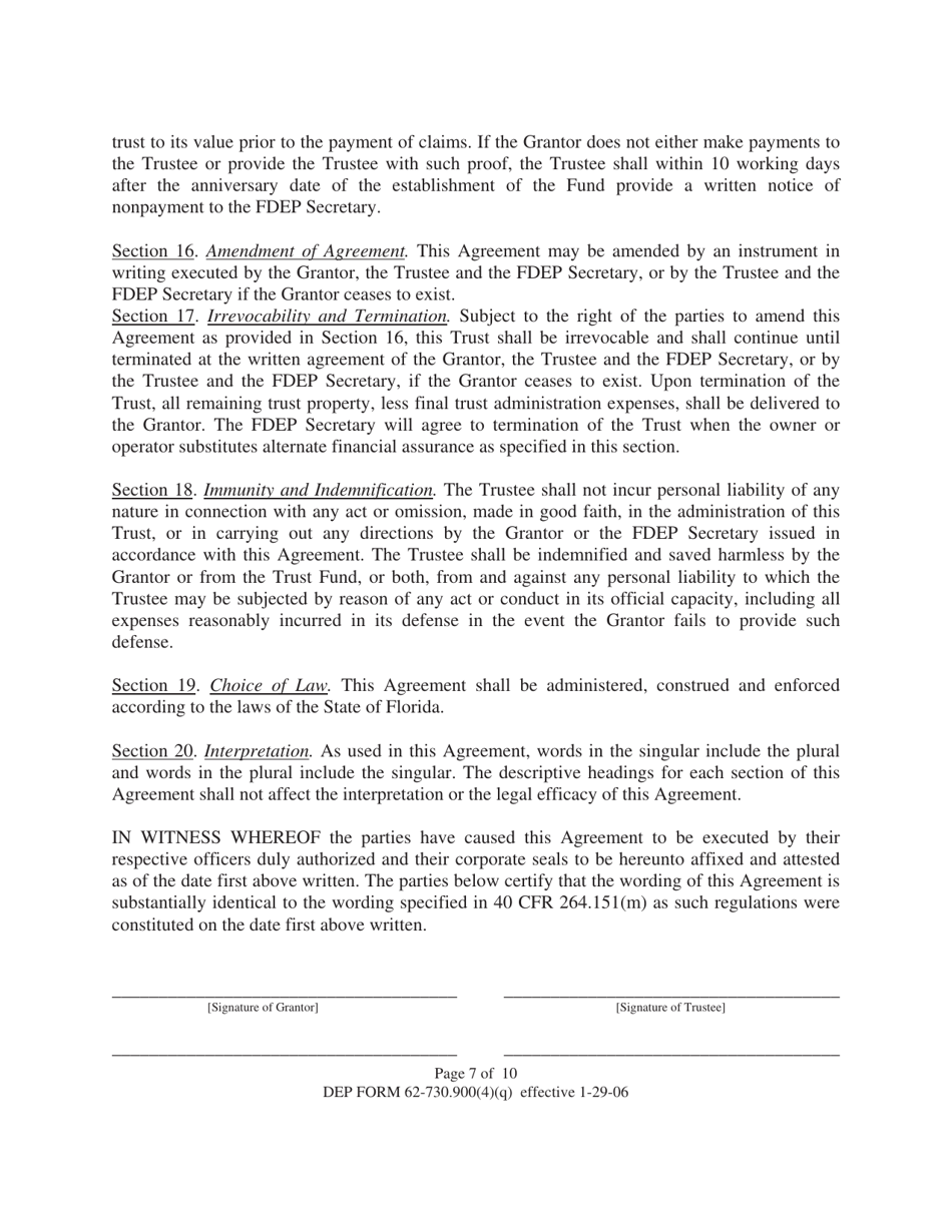 DEP Form 62-730.900(4)(Q) Hazardous Waste Facility Trust Fund to Demonstrate Liability Coverage - Florida, Page 7