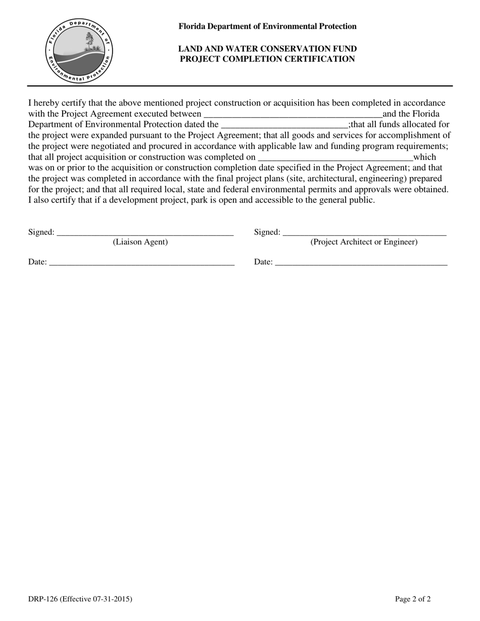 Form DRP-126 Land and Water Conservation Fund Project Completion Certification - Florida, Page 2