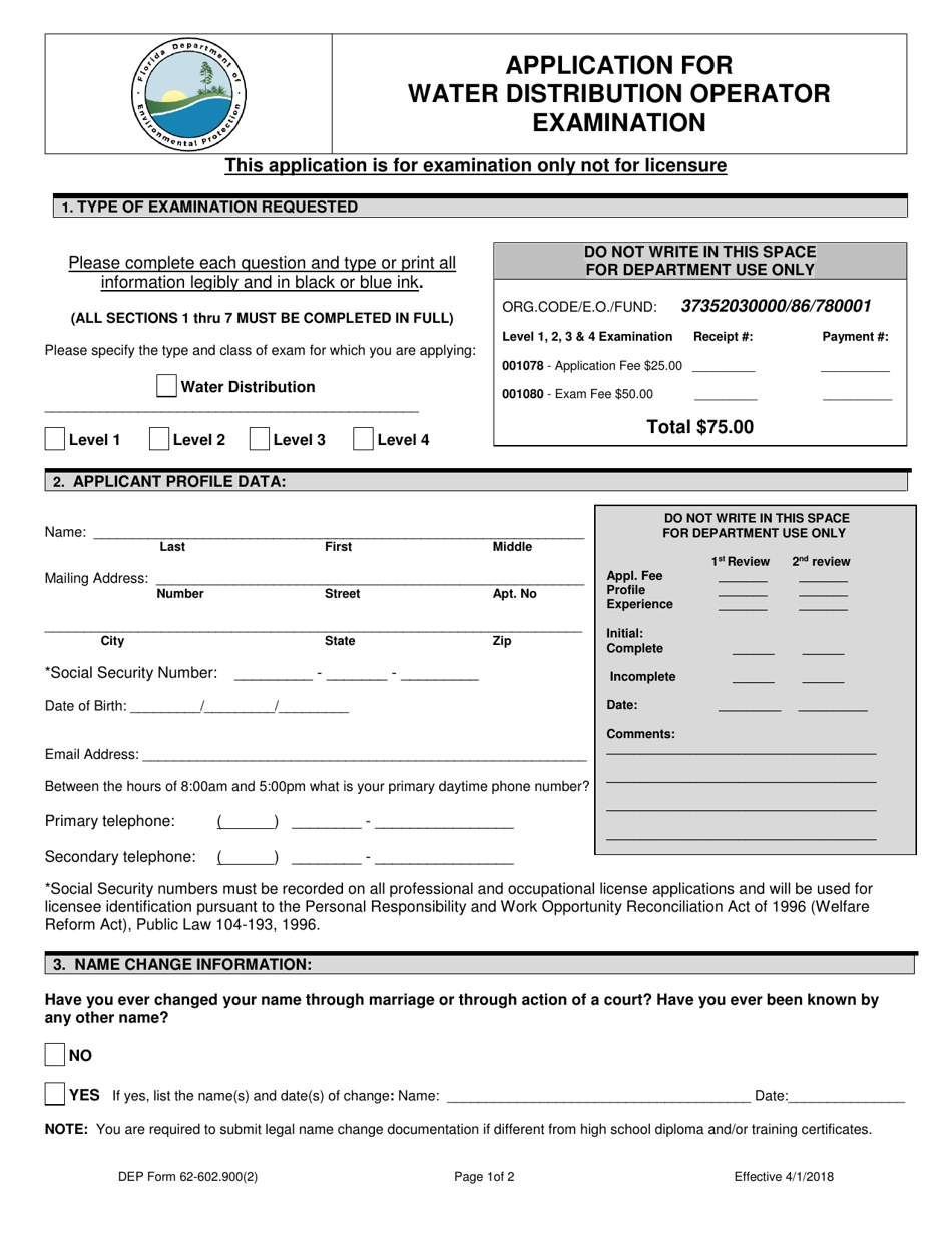 DEP Form 62-602.900(4) Application for Water Distribution Operator Examination - Florida, Page 1