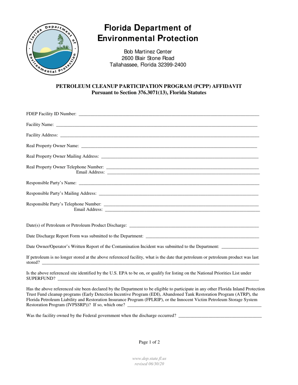 Petroleum Cleanup Participation Program (Pcpp) Affidavit - Florida, Page 1