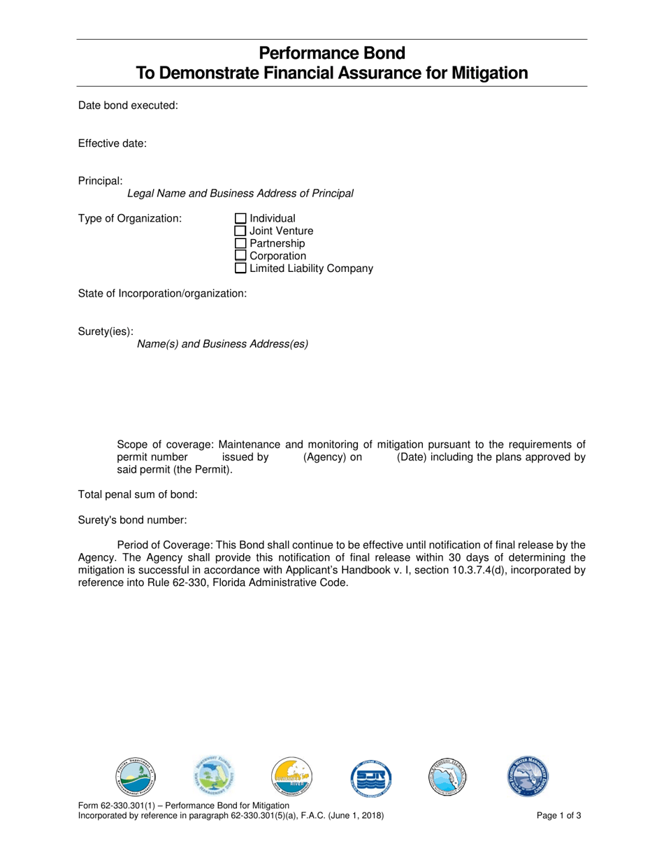 Form 62-330.301(1) Performance Bond to Demonstrate Financial Assurance for Mitigation - Florida, Page 1