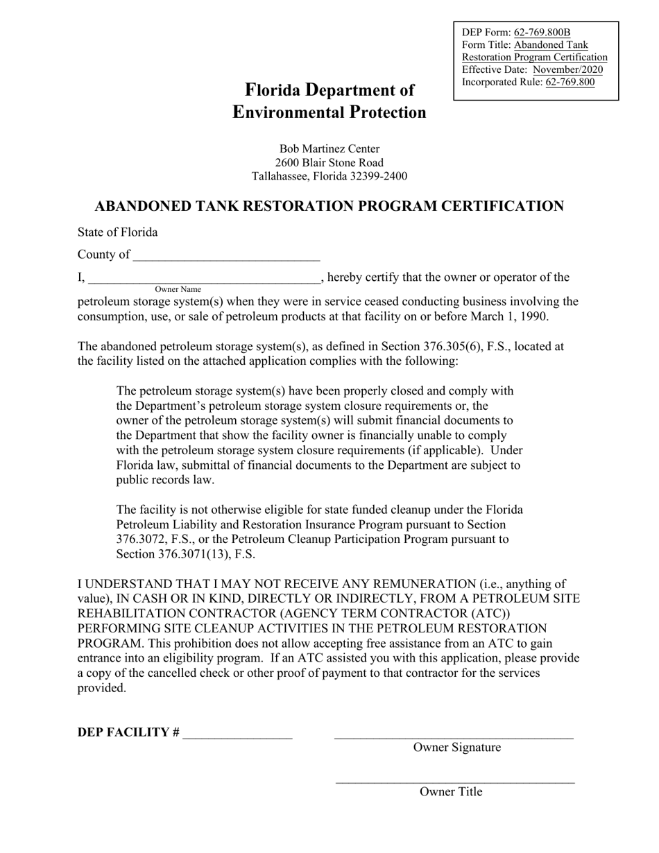 DEP Form 62-769.800B Abandoned Tank Restoration Program Certification - Florida, Page 1