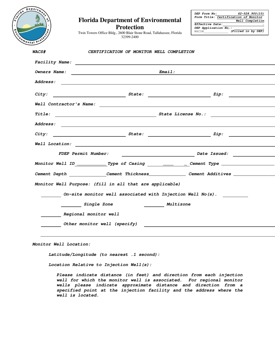 DEP Form 62-528.900(10) Certification of Monitor Well Completion - Florida, Page 1