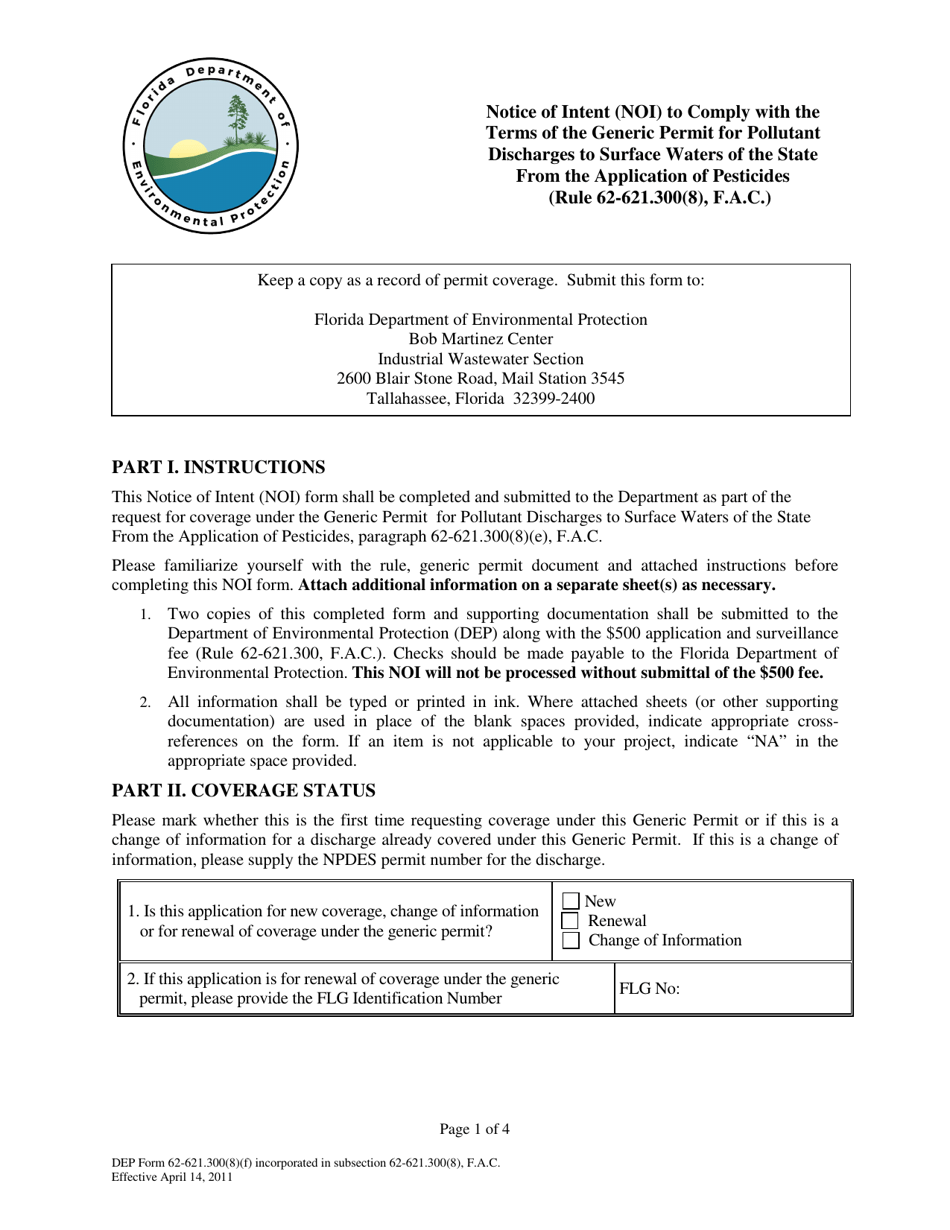 DEP Form 62-621.300(8)(F) Notice of Intent (Noi) to Comply With the Terms of the Generic Permit for Pollutant Discharges to Surface Waters of the State From the Application of Pesticides - Florida, Page 1