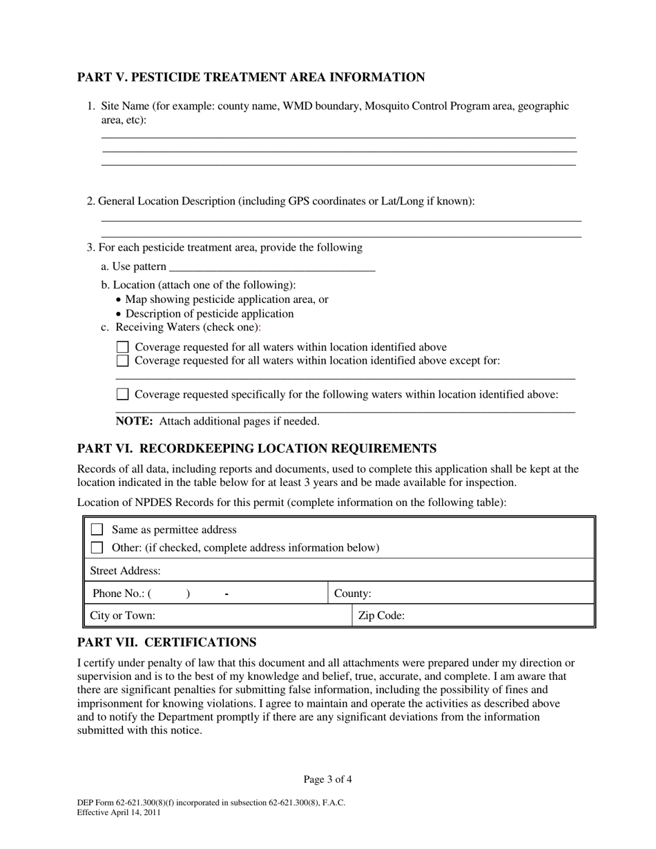 DEP Form 62-621.300(8)(F) Notice of Intent (Noi) to Comply With the Terms of the Generic Permit for Pollutant Discharges to Surface Waters of the State From the Application of Pesticides - Florida, Page 3