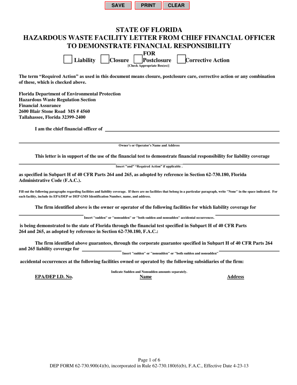 DEP Form 62-730.900(4)(B) Hazardous Waste Facility Letter From Chief Financial Officer to Demonstrate Financial Responsibility - Florida, Page 1