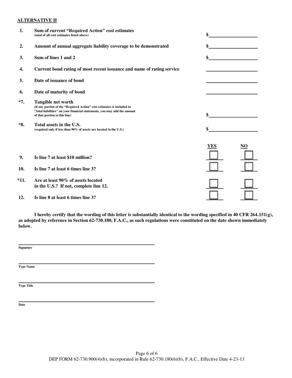 DEP Form 62-730.900(4)(B) Hazardous Waste Facility Letter From Chief Financial Officer to Demonstrate Financial Responsibility - Florida, Page 6