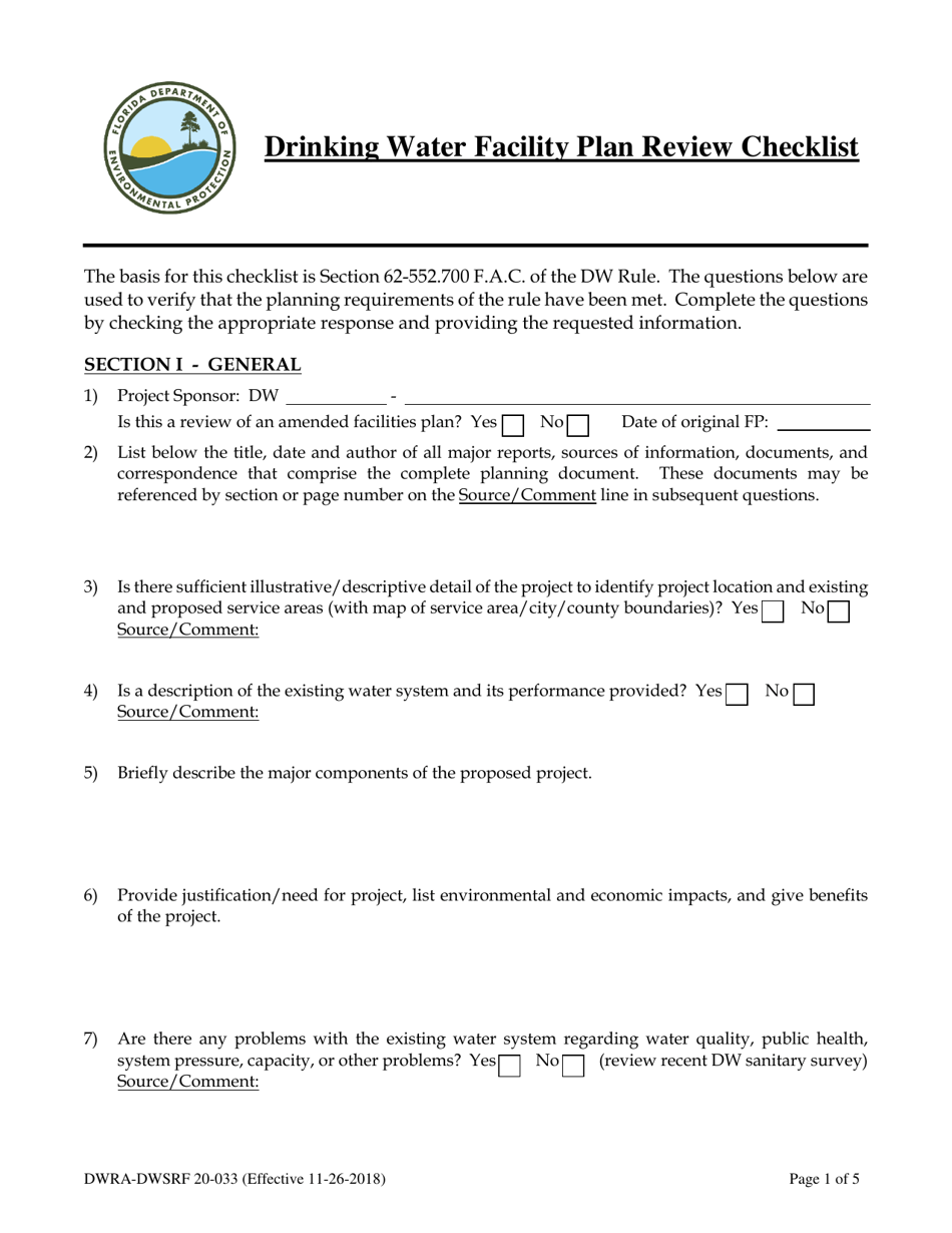 Form DWRA-DWSRF20-033 Drinking Water Facility Plan Review Checklist - Florida, Page 1