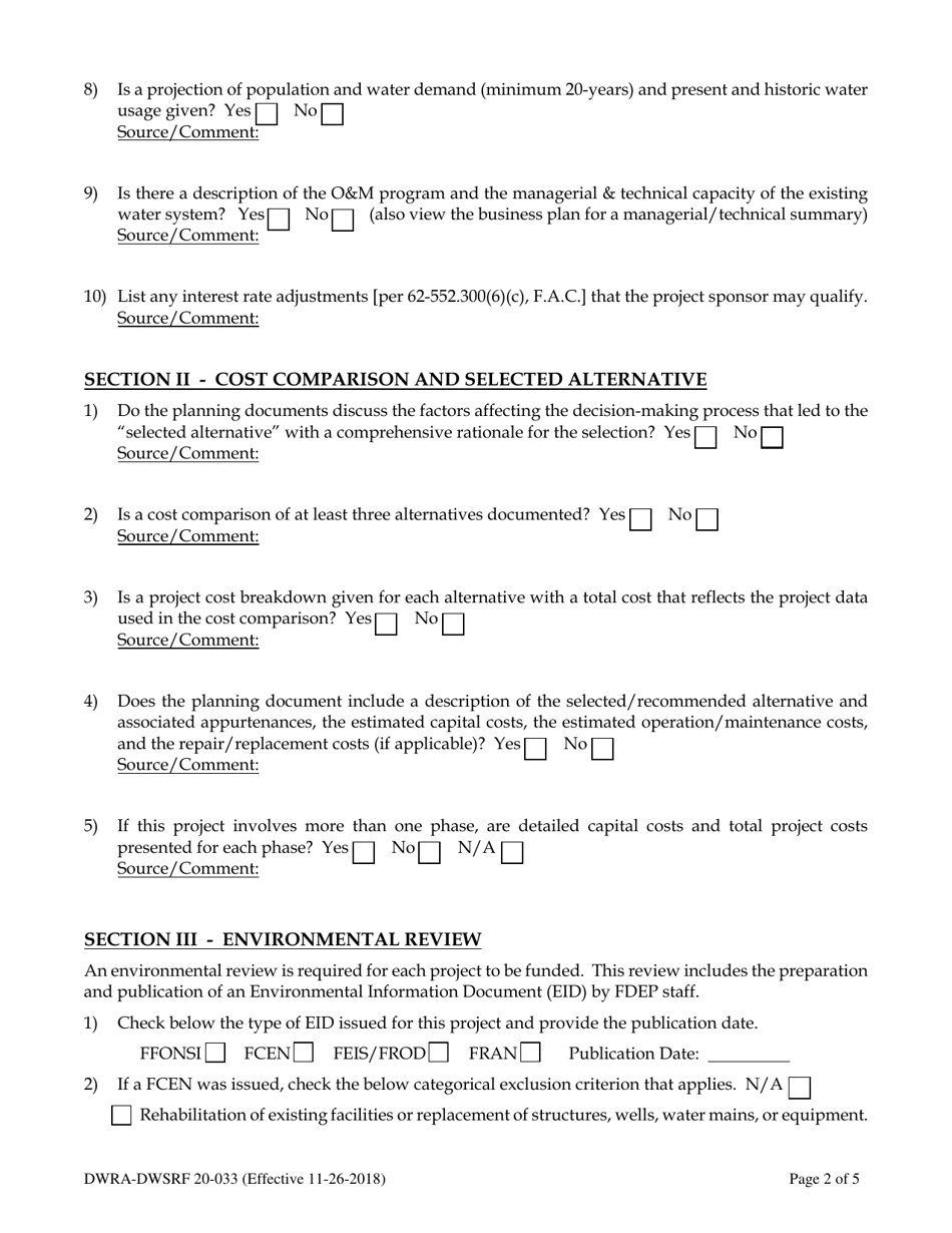 Form DWRA-DWSRF20-033 Drinking Water Facility Plan Review Checklist - Florida, Page 2