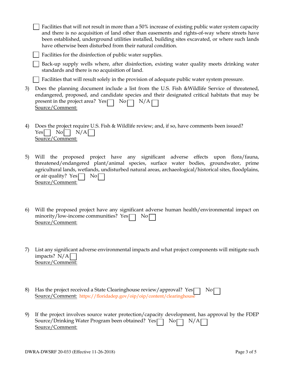 Form DWRA-DWSRF20-033 Drinking Water Facility Plan Review Checklist - Florida, Page 3