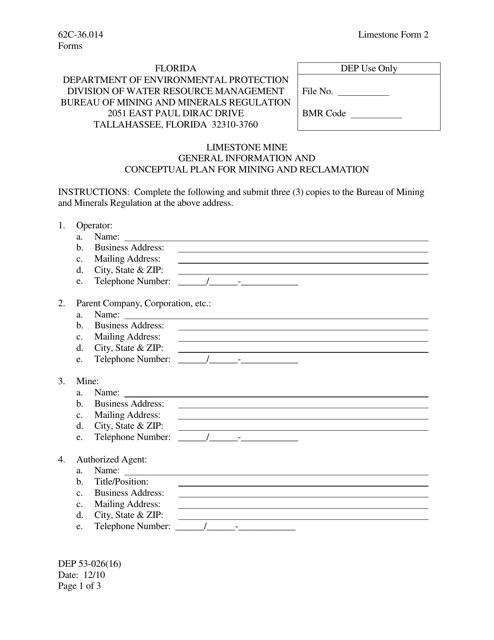 Limestone Form 2 (DEP Form 53-026(16))  Printable Pdf