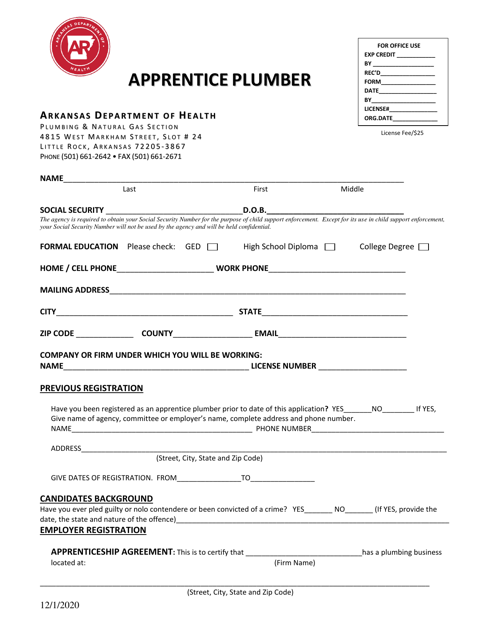 Application for Apprentice Plumber - Arkansas
