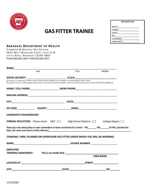 Application for Gas Fitter Trainee - Arkansas Download Pdf