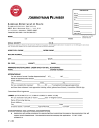 Document preview: Application for Journeyman Plumber - Arkansas