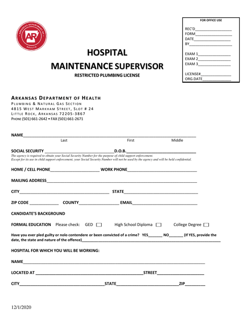 Application for Hospital Maintenance Supervisor - Arkansas Download Pdf