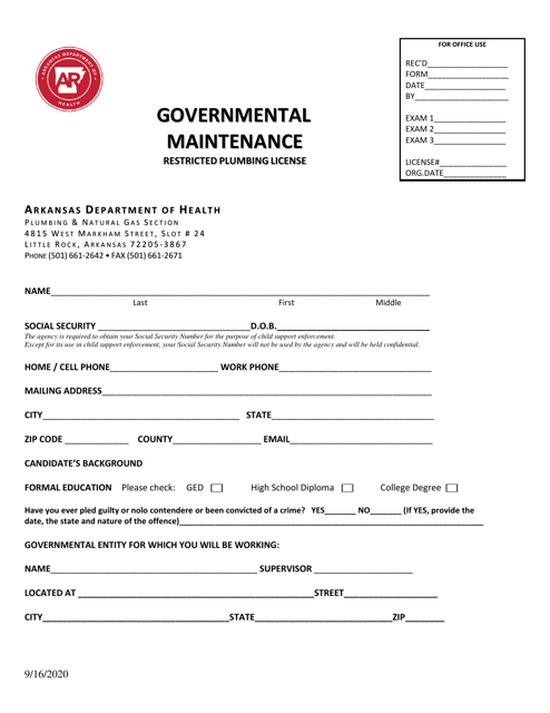 Application for Governmental Maintenance - Arkansas