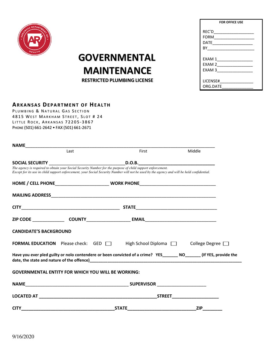 Application for Governmental Maintenance - Arkansas, Page 1