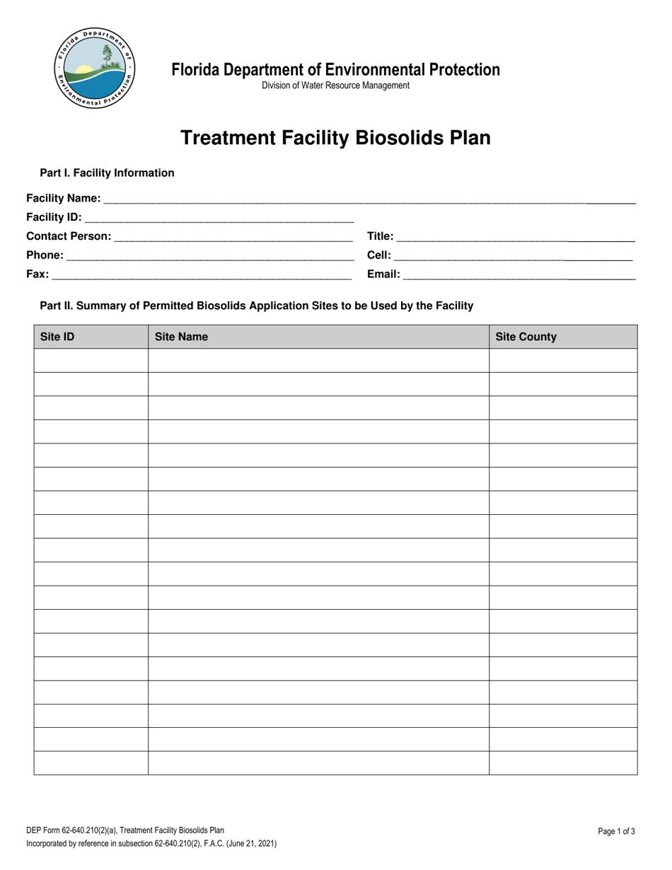 DEP Form 62-640.210(2)(A) Treatment Facility Biosolids Plan - Florida, Page 1