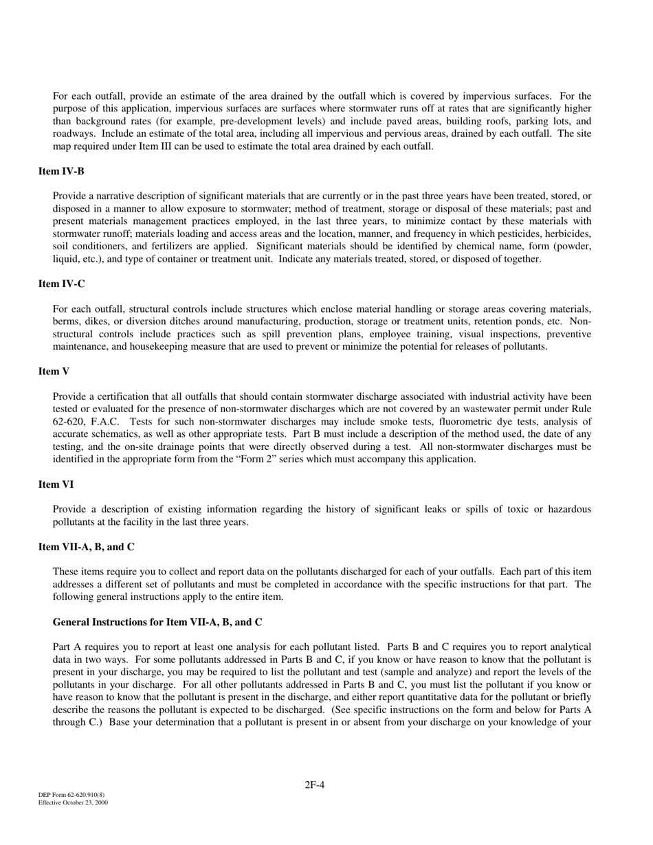 DEP Form 62-620.910(8) (2F) Application for Permit for Stormwater Discharge Associated With Industrial Activity - Florida, Page 4
