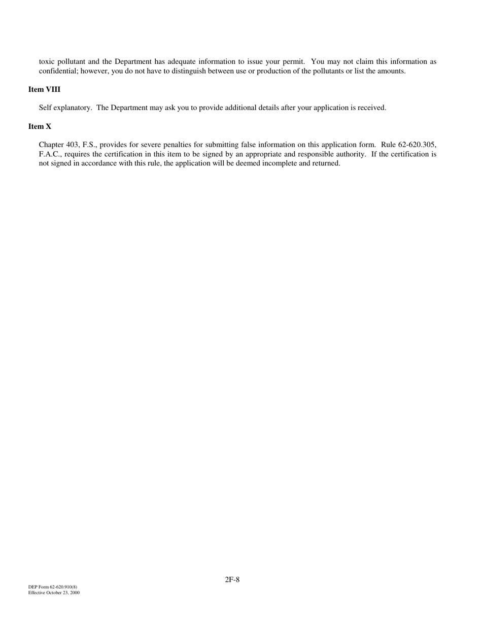 DEP Form 62-620.910(8) (2F) Application for Permit for Stormwater Discharge Associated With Industrial Activity - Florida, Page 8