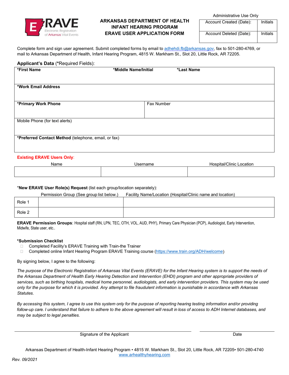 Erave User Application Form - Infant Hearing Program - Arkansas, Page 1