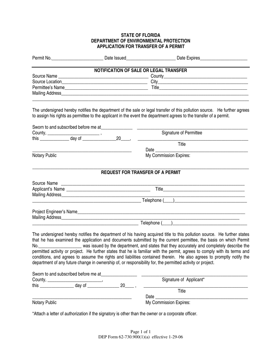 DEP Form 62-730.900(1)(A) Application for Transfer of a Permit - Florida, Page 1