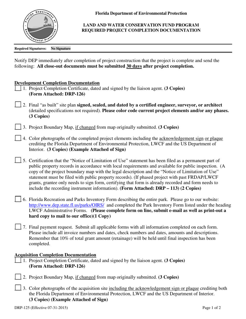 Form DRP-125 Required Project Completion Documentation - Land and Water Conservation Fund Program - Florida, Page 1