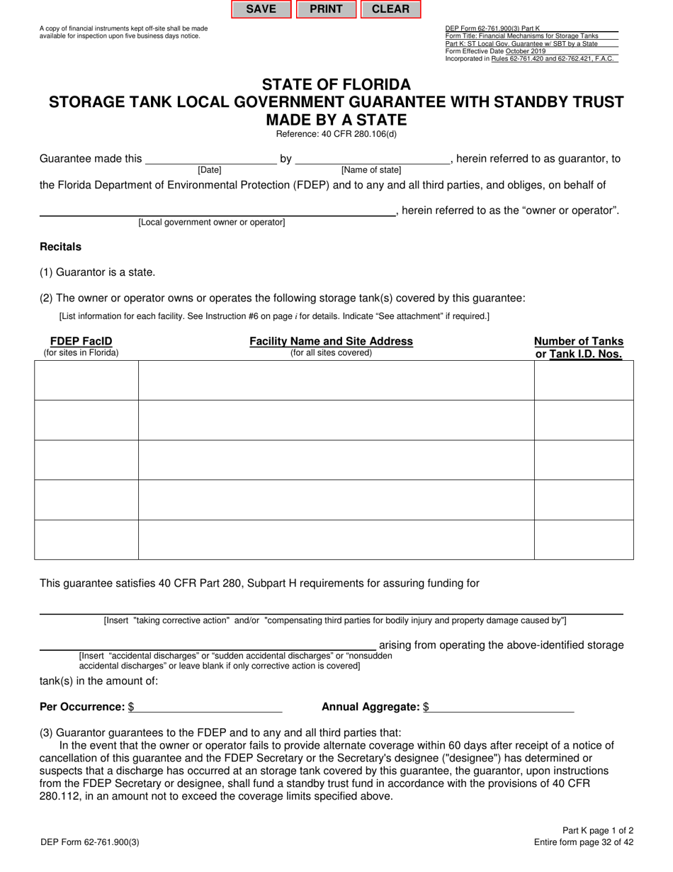 DEP Form 62-761.900(3) Part K Storage Tank Local Government Guarantee With Standby Trust Made by a State - Florida, Page 1