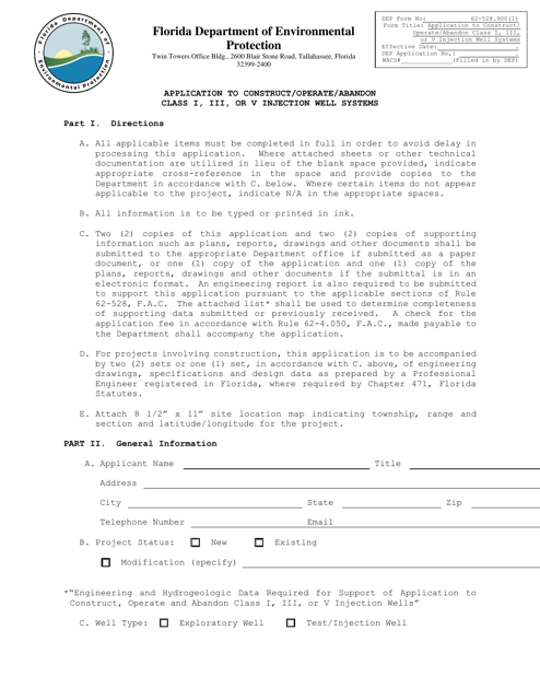 DEP Form 62-528.900(1) Application to Construct/Operate/Abandon Class I, Iii, or V Injection Well Systems - Florida