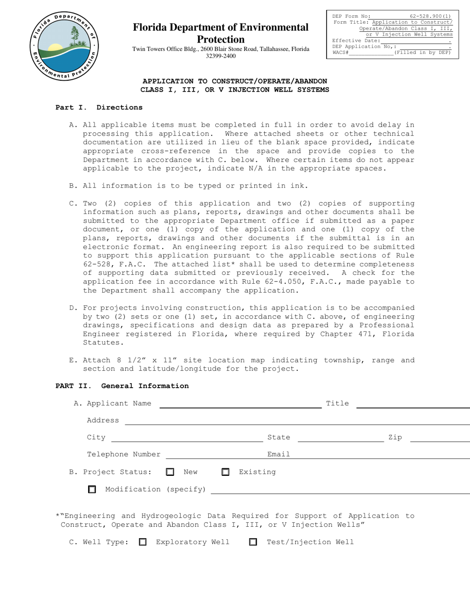 DEP Form 62-528.900(1) Application to Construct / Operate / Abandon Class I, Iii, or V Injection Well Systems - Florida, Page 1