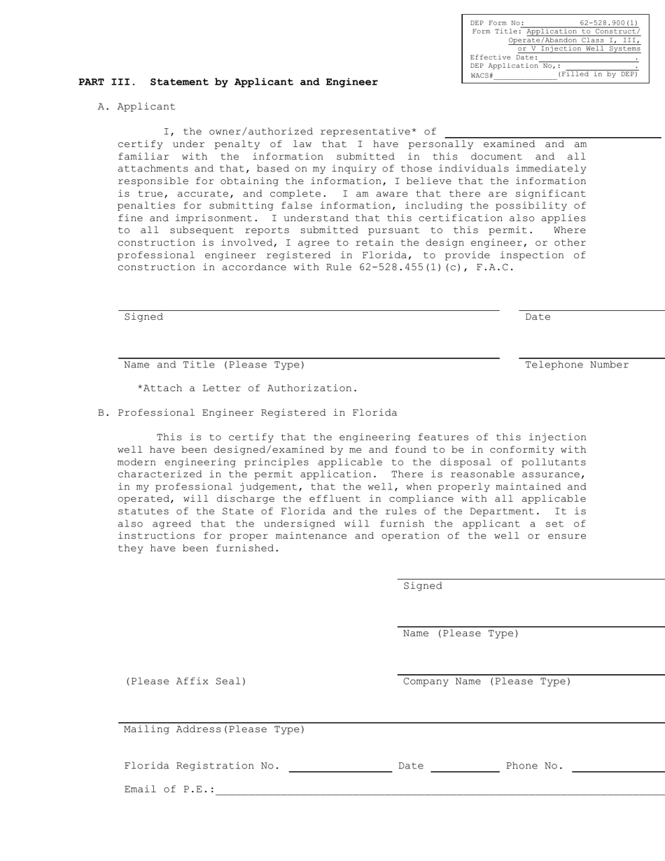 DEP Form 62-528.900(1) Application to Construct / Operate / Abandon Class I, Iii, or V Injection Well Systems - Florida, Page 3