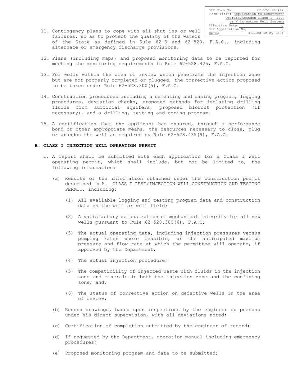 DEP Form 62-528.900(1) Application to Construct / Operate / Abandon Class I, Iii, or V Injection Well Systems - Florida, Page 5