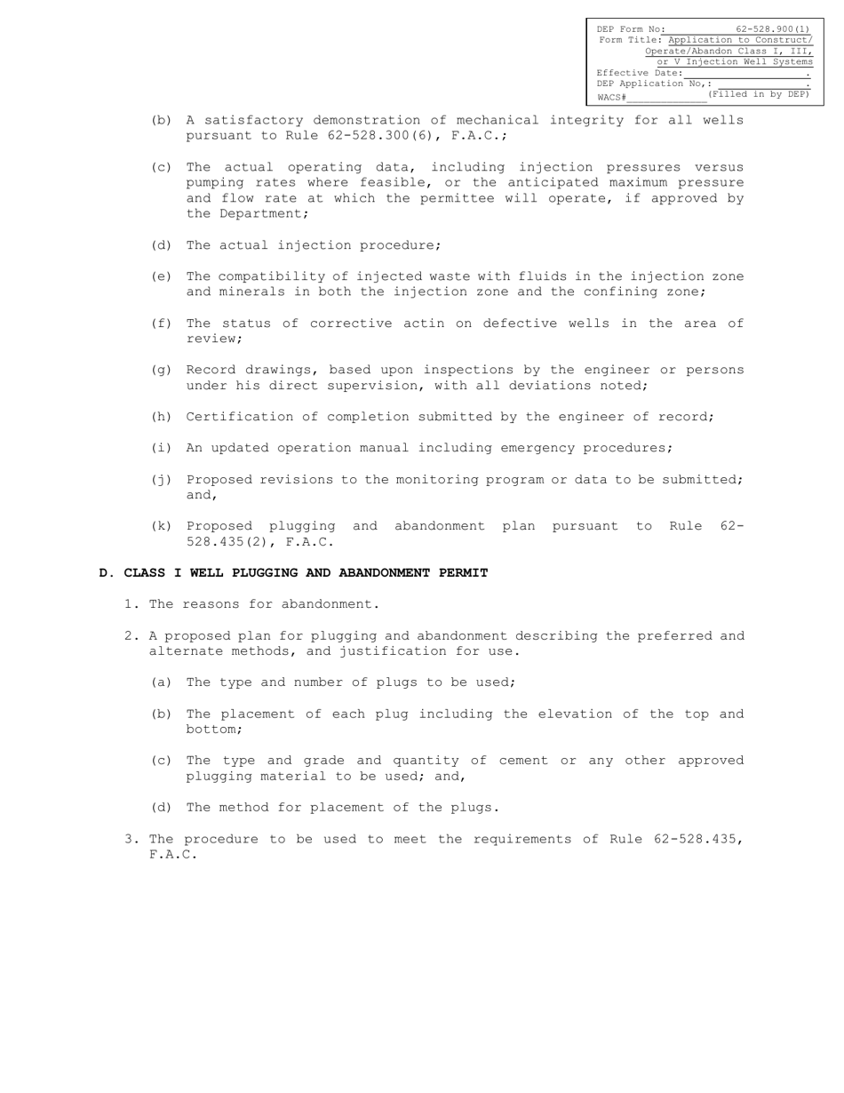 DEP Form 62-528.900(1) Application to Construct / Operate / Abandon Class I, Iii, or V Injection Well Systems - Florida, Page 7