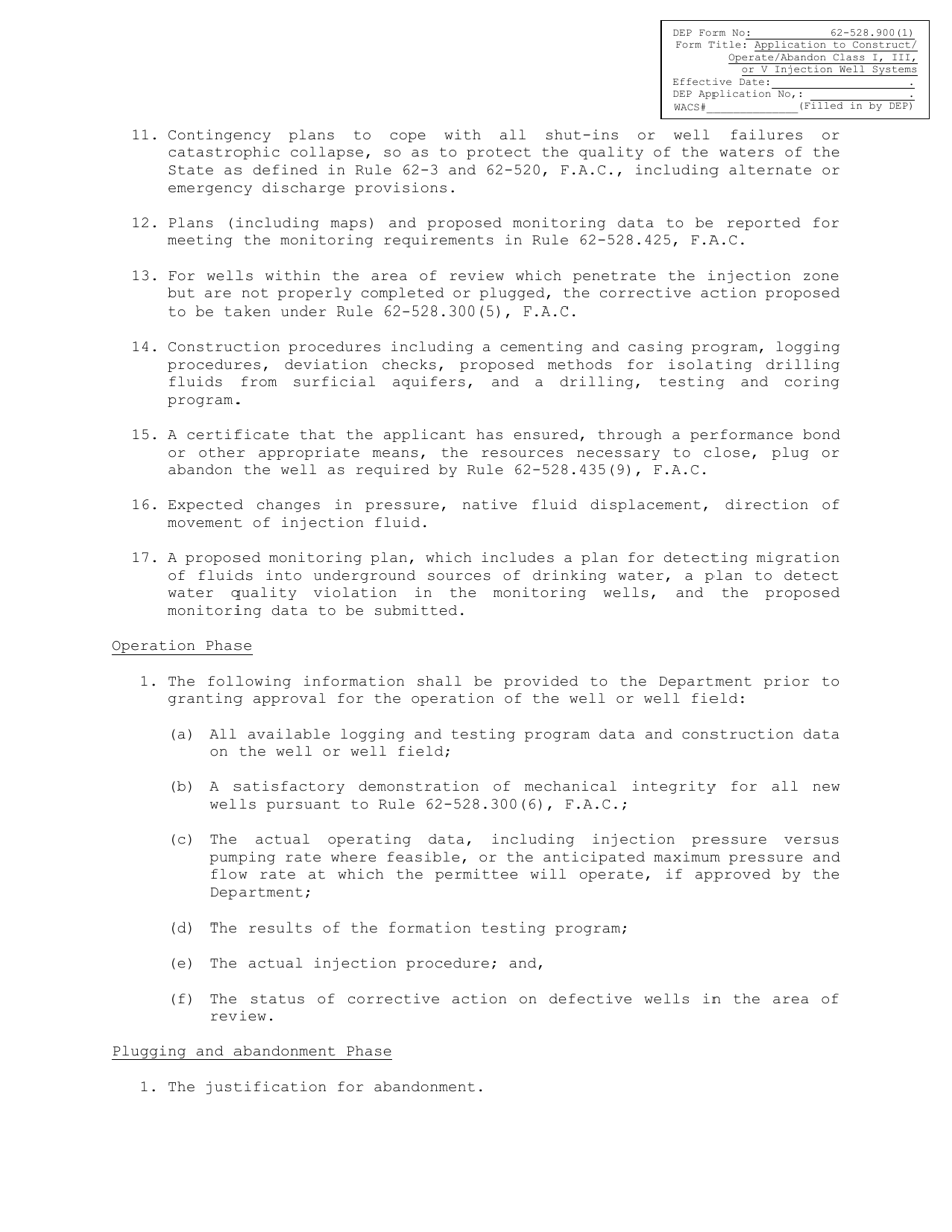 DEP Form 62-528.900(1) Application to Construct / Operate / Abandon Class I, Iii, or V Injection Well Systems - Florida, Page 9
