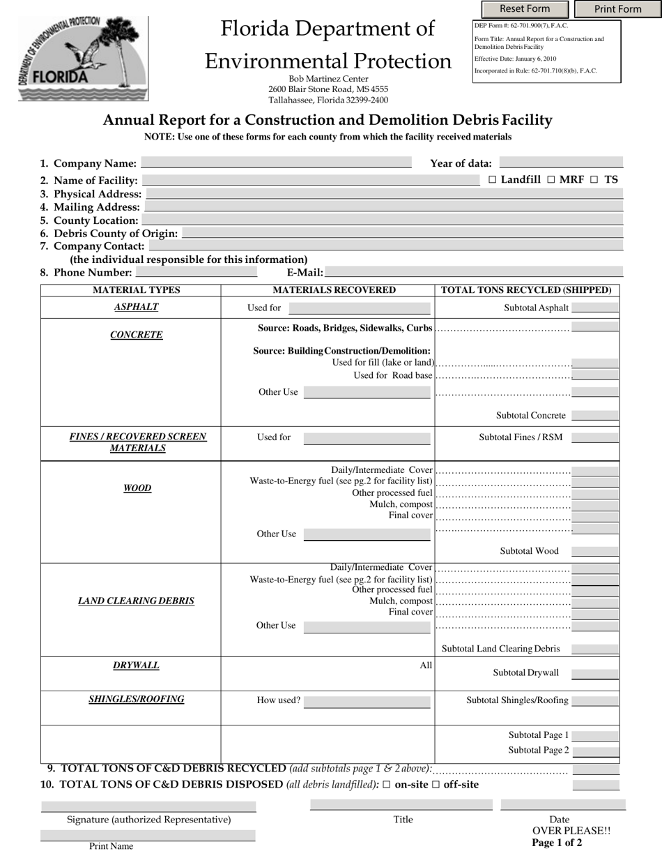 DEP Form 62-701.900(7) Annual Report for a Construction and Demolition Debris Facility - Florida, Page 1