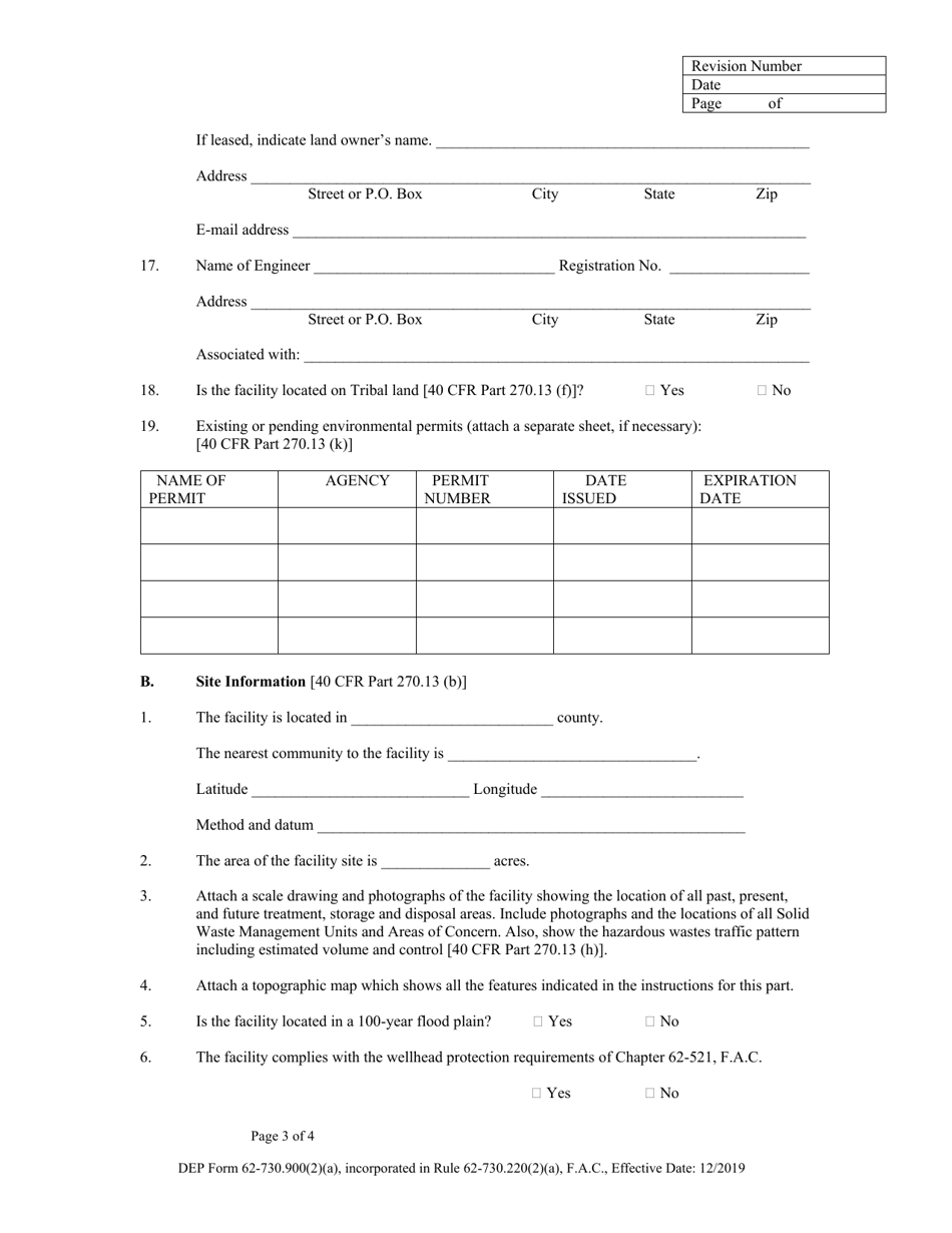 DEP Form 62-730.900(2)(A) Application for a Hazardous Waste Permit - Florida, Page 3