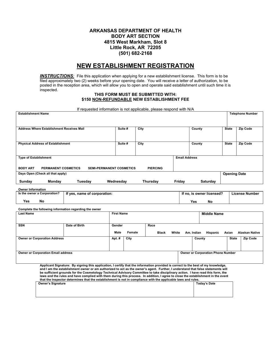 Arkansas New Establishment Registration Tattoo and Body Art Fill Out, Sign Online and