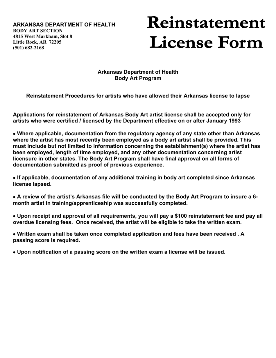 Reinstatement License Form - Body Art - Arkansas, Page 1