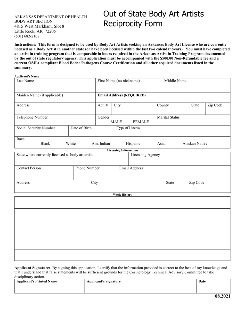 Out of State Body Art Artists Reciprocity Form - Arkansas, Page 2