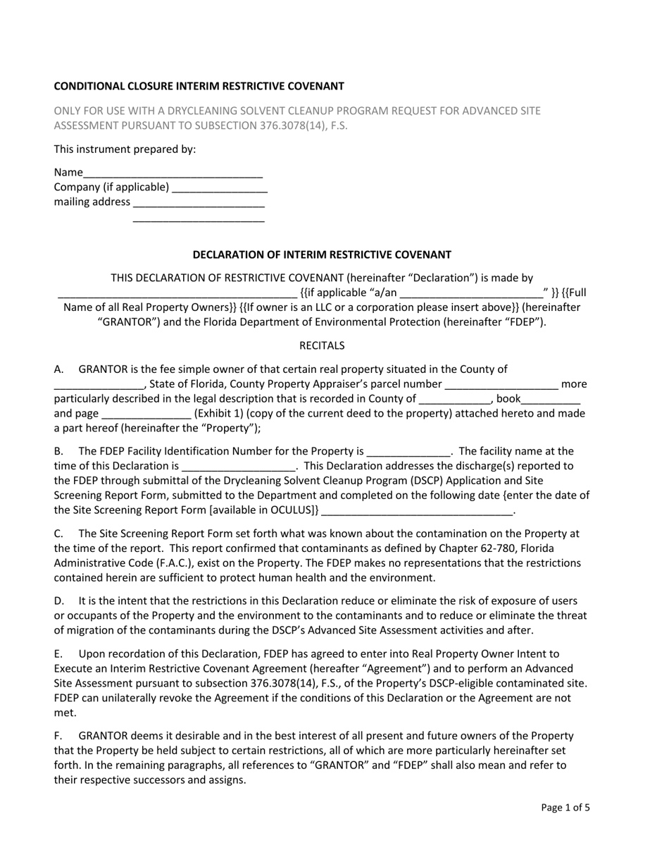 Declaration of Interim Restrictive Covenant - Florida, Page 1