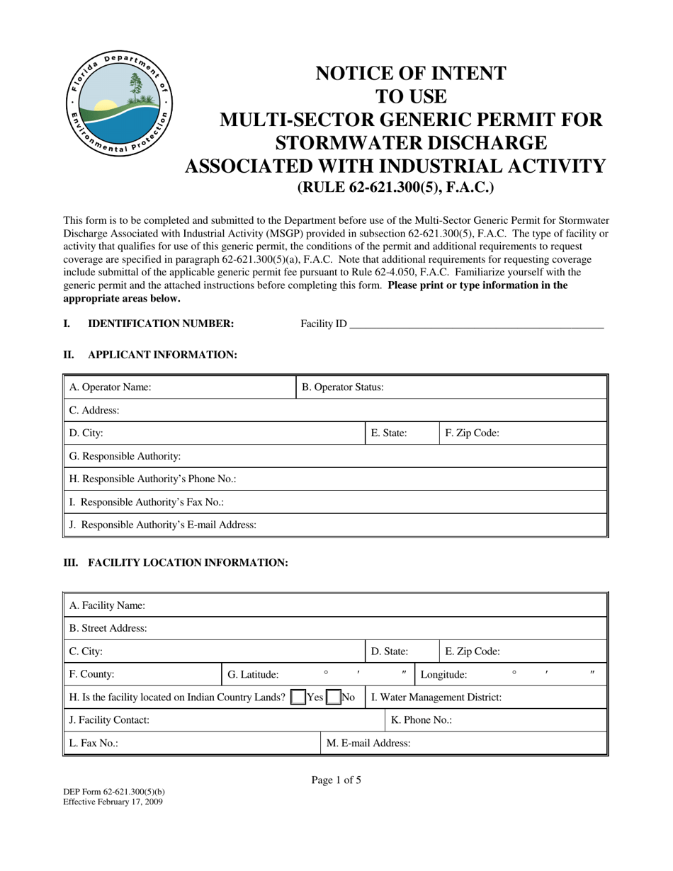 DEP Form 62-621.300(5)(B) Notice of Intent to Use Multi-Sector Generic Permit for Stormwater Discharge Associated With Industrial Activity - Florida, Page 1