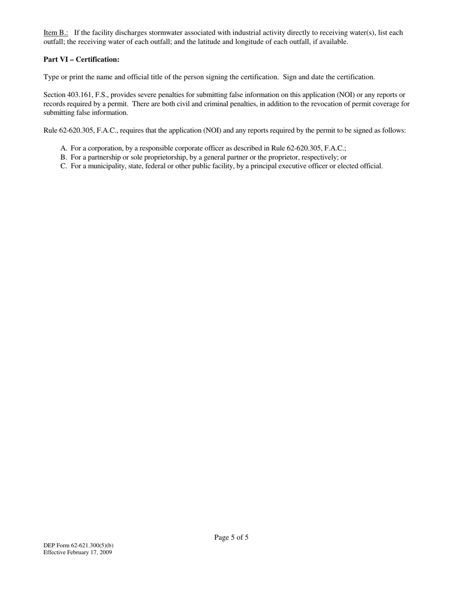DEP Form 62-621.300(5)(B) Notice of Intent to Use Multi-Sector Generic Permit for Stormwater Discharge Associated With Industrial Activity - Florida, Page 5