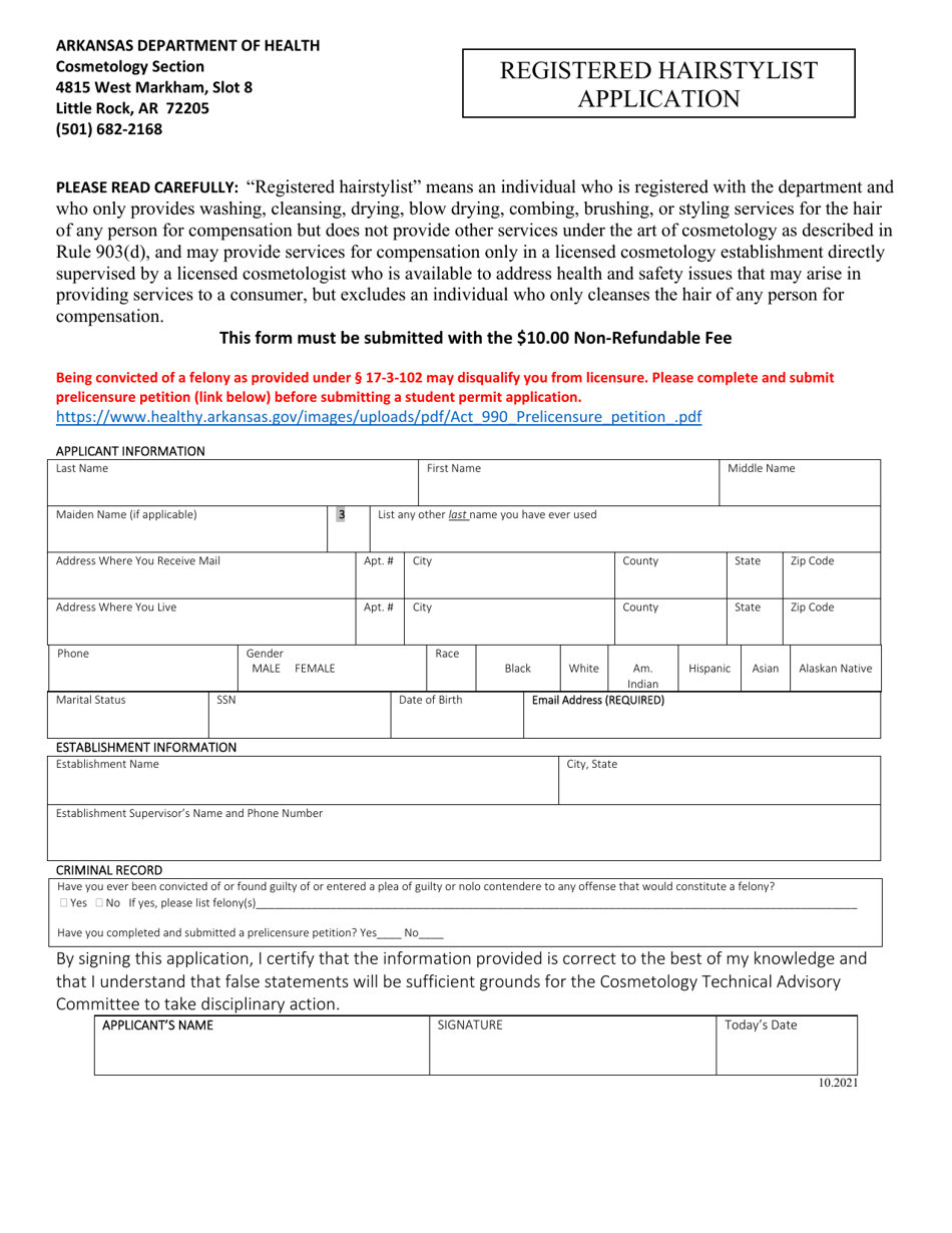 Registered Hairstylist Application - Arkansas, Page 1